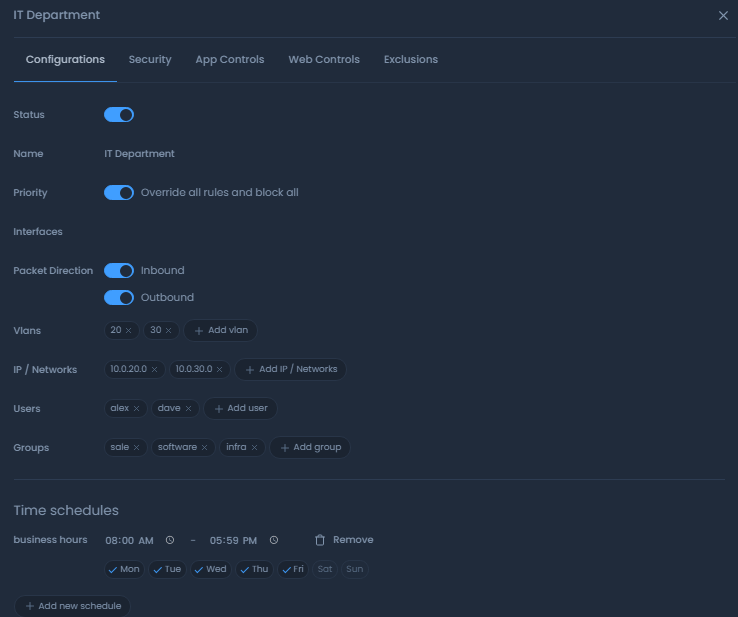 Time Scheduled Policy configuration with on Zenarmor