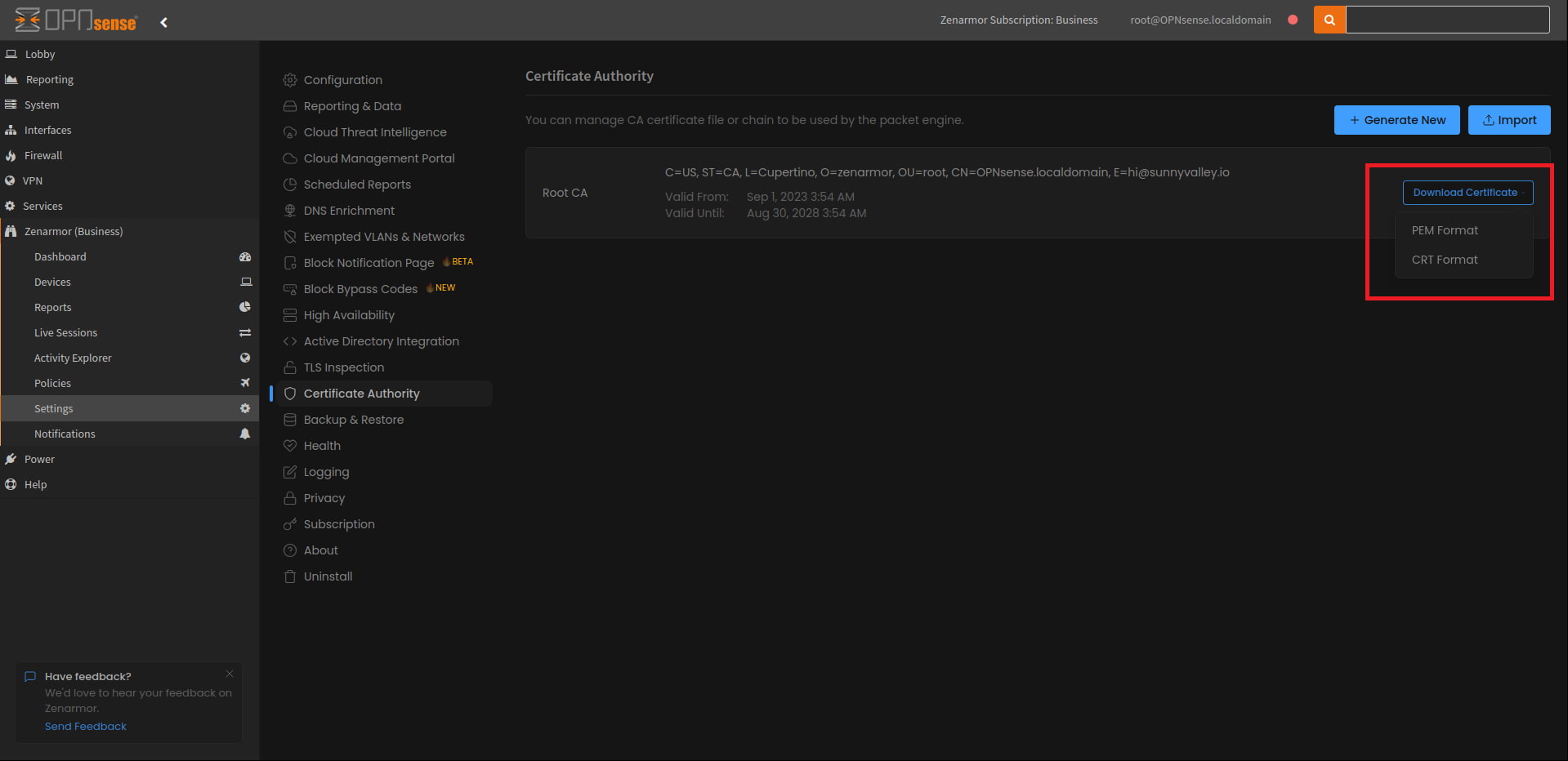 Dashboard view showing the ability to download CA certificates in the CRT format. This is now available in both the OPNsense and Zenconsole dashboards